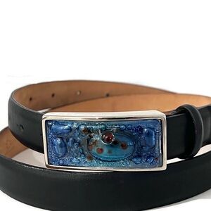 Vintage Statement Italian Belt Blue Art Glass Buckle Black Leather Size Large